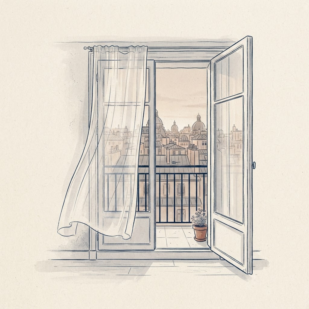 An open balcony door with linen curtains above a quiet city rooftop, illustrated in muted ink