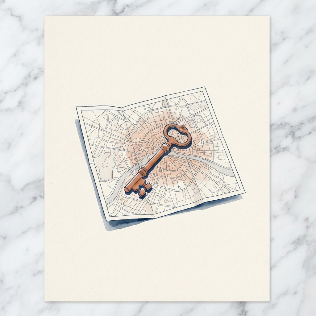 A brass key resting on a folded map, illustrated in muted ink